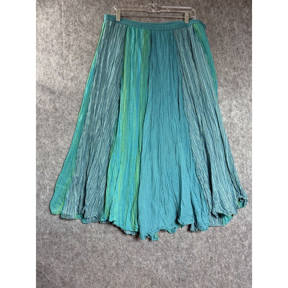 Coldwater Creek Skirt Womens L Blue Green Striped Cotton Peasant Maxi Boho *